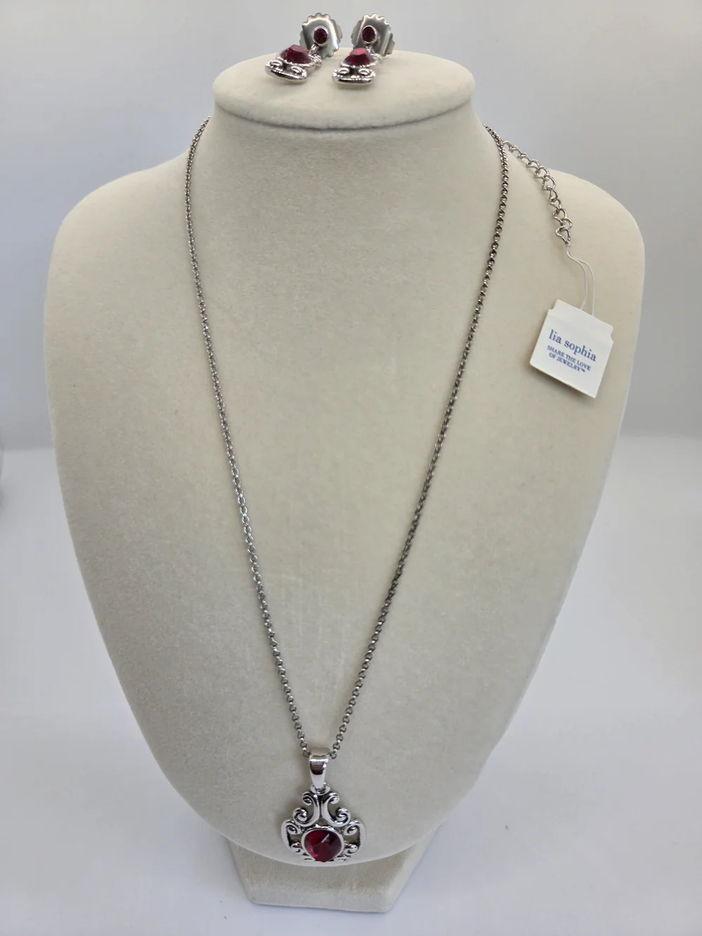 NWT Lia Sophia Silver-Tone Necklace & Earrings with Red Stones